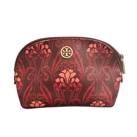 Tory Burch Floral Robinson Leather Make Up Travel T Logo Cosmetic Zip Case - Picture 1 of 8